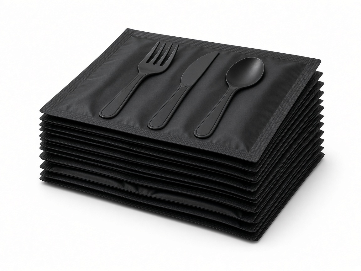 Stack of black wrapped cutlery sets