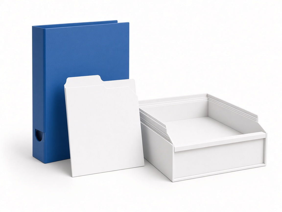 Blue box file, white file, and paper tray