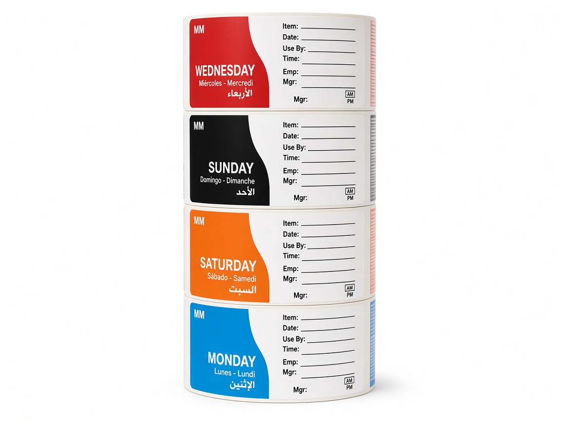 Rolls of coloured Monday to Sunday food labels