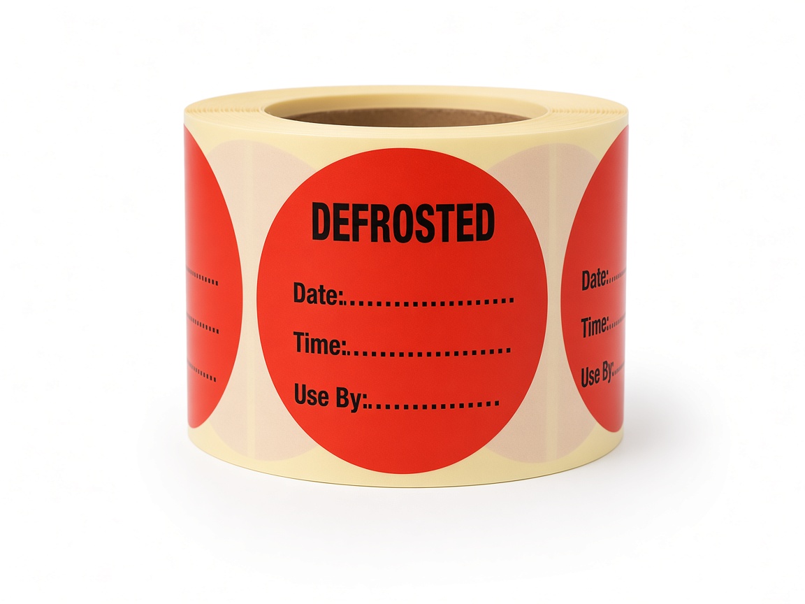 Roll of red round Defrosted labels