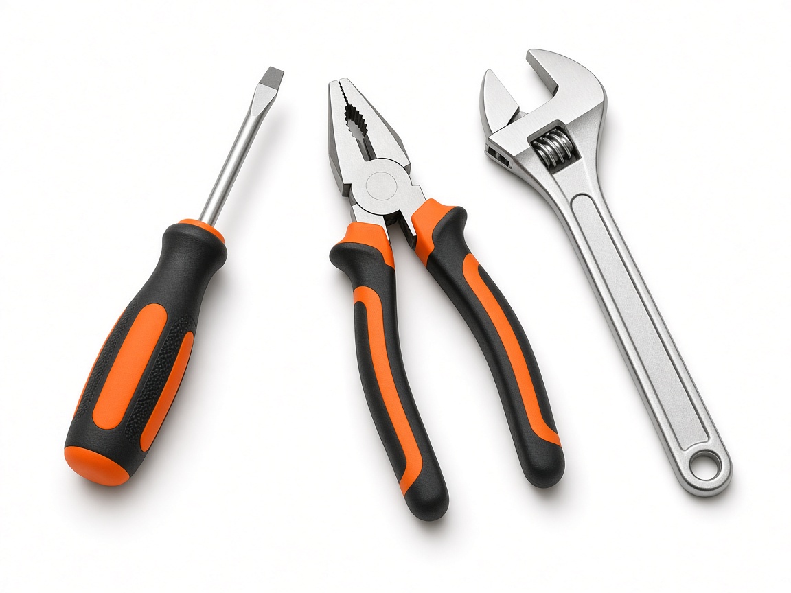 Screwdriver, pliers, and adjustable wrench